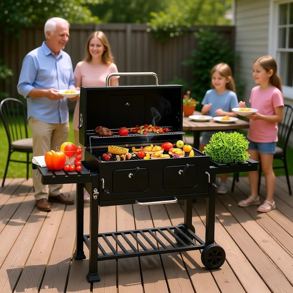 61.4in Extra Large Charcoal Grill Outdoor BBQ 2 Adjustable Charcoal Doors Foldable Side Tables Front Charcoal Access Removable Warming Rack 2 Wheels for Backyard Camping Picnic Party Gray