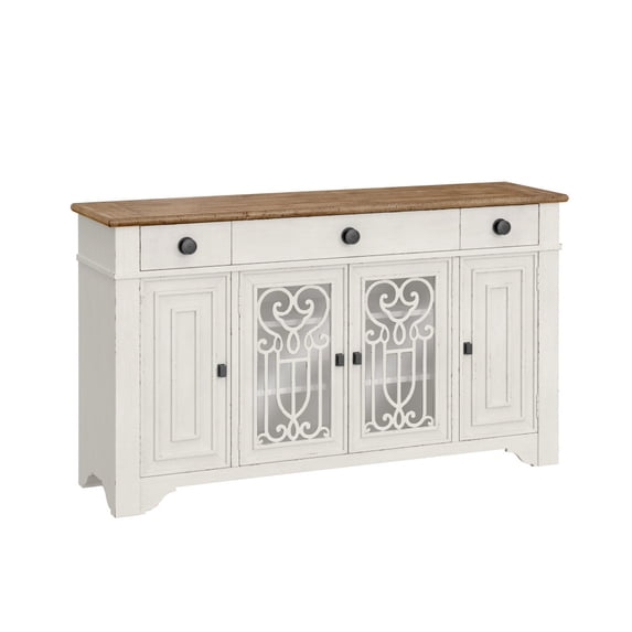 61.5" Brown and White Server, Wood Sideboard Buffet, Storage Cabinet Server Cupboard with 3 Drawers & 4 Doors for Dinning Room