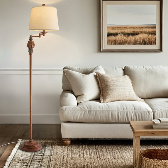 Oneach 61.5" Vintage Floor Lamp with Linen Shade, Floor Lamp for Living Room, Office, Bedroom, Study Classic Rotary Switch Design Home Decor, Antique Wood Grain