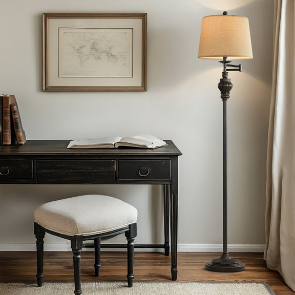 Oneach 61.5" Vintage Floor Lamp with Linen Shade, Floor Lamp for Living Room, Bedroom, Study Classic Rotary Switch Design Home Decor, Dark Brown