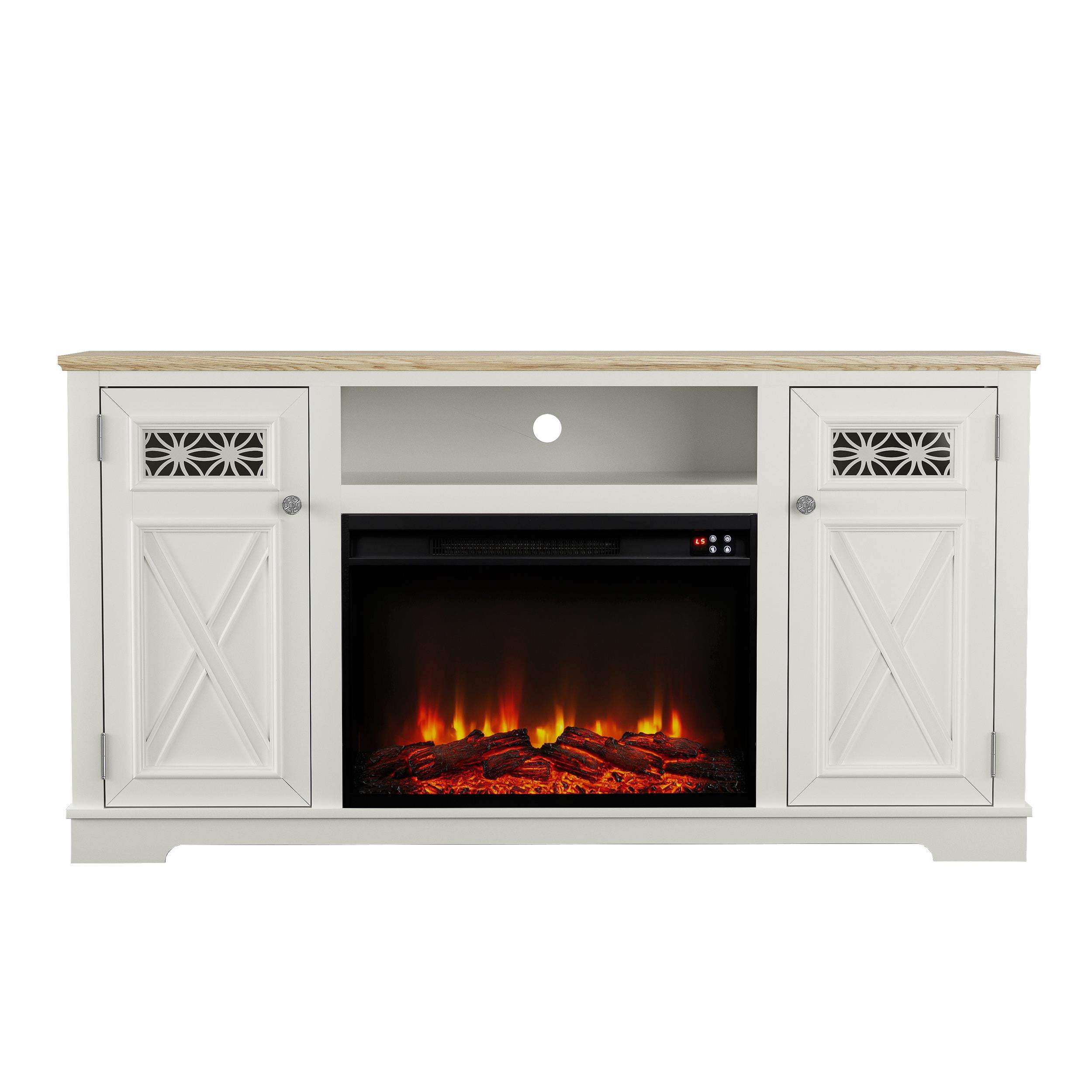 White Two-Tone MDF TV Stand with Electric Fireplace