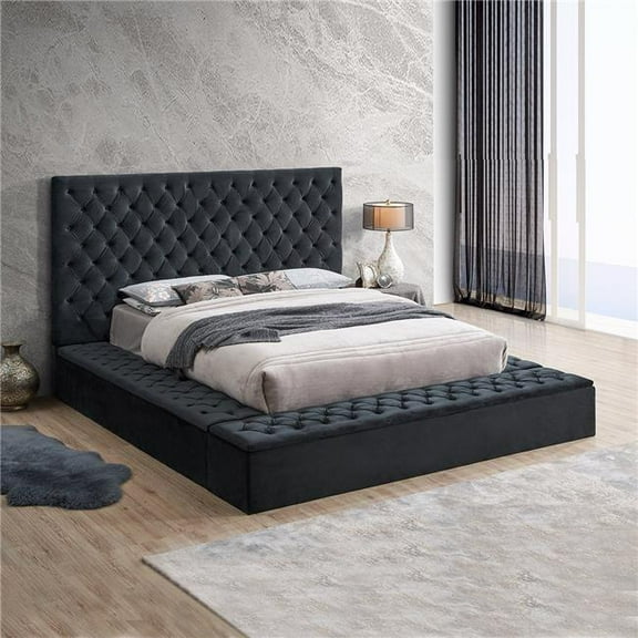 61.5 x 86 x 99 in. Cosmopolitan Velvet Upholstered Platform Queen Size Bed, Black