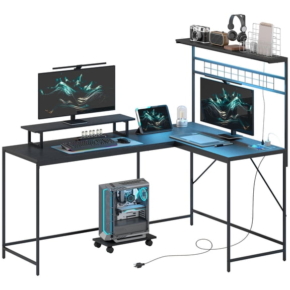 61.6 Inch L Shaped Gaming Desk with Power Outlets LED Lights Monitor Stand CPU Shelf Black
