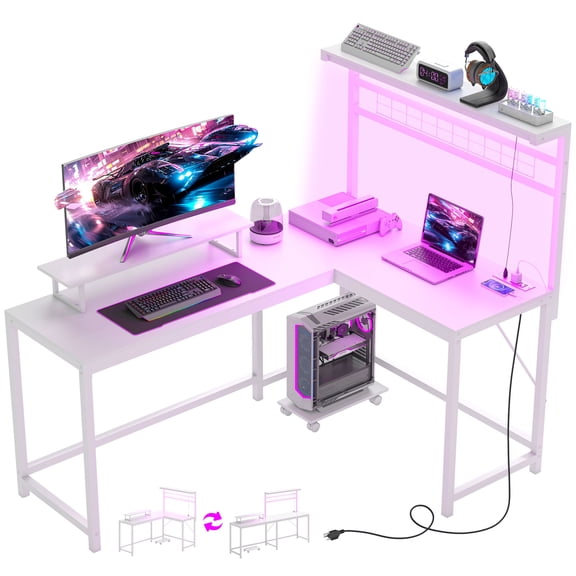 61.6" L Shaped Gaming Desk with Power Outlets & LED Lights Computer Desk with Monitor Stand & CPU Shelf, White