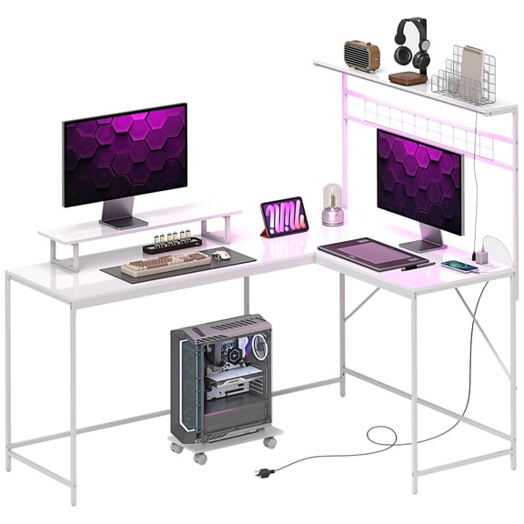 61.6" White L-Shaped Corner Gaming Desk with Built-in Power Strip, LED Light Strip&Monitor Riser, Includes CPU Stand