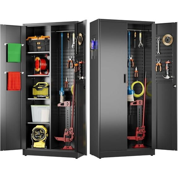 61.61" H Broom Closet Storage Cabinet with Towel Hangles and Adjustable Shelves,Metal Tool Cabinets with Pegboard and Hooks for Garage Laundry Room Home Office,Required Assembly,Black