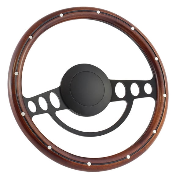 61-63 Ford Thunderbird 14 Inch Black (9 Hole) Classic Steering Wheel Mahogany Wood with Aluminum Rivets Half Wrap