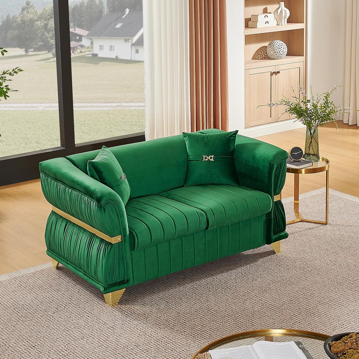 61.8" Chesterfield Loveseat, Green Velvet with Gold Metal Trim, Pleated Arms, Channel Stitch Cushions, Luxury Sofa for Living Room & Villa, 2 Pillows Included