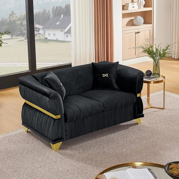 61.8" Chesterfield Sofa, Velvet Loveseat Couch with Gold Accents, Black | Luxury Gold Metal Decor, Pleated Arms, Velvet Upholstery, Channel Stitch Cushions, For Living Room, Villa, 2 Pillows