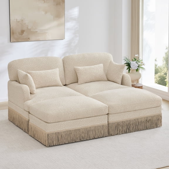 61.8" Comfy Chenille Leopard Print Loveseat Sofa, Tassel Edge, Movable Ottomans, Ergonomic Design, Easy Assembly, Deep Seat, Beige Coffee