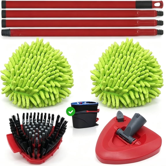 61.8" Spin Mop Replacement Kit - Compatible with O-Cedar 2-Tank System | Extendable Handle, 2 Chenille Mop Heads, Triangular Base & Scrub Brush