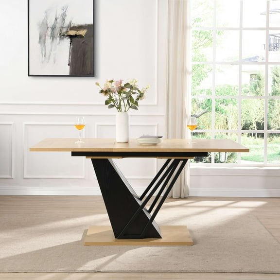 61.81 (46.46) inch Extendable Dining Table, Modern Geometric Rectangular Table with Sturdy Metal Frame and MDF base, Adjustable Wooden Tabletop for Home Kitchen