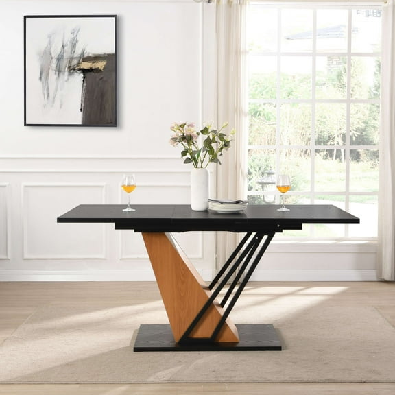 61.81(46.46) inch Extendable Dining Table, Modern Geometric Rectangular Table with Sturdy Metal Frame and MDF base, Adjustable Wooden Tabletop for Home Kitchen
