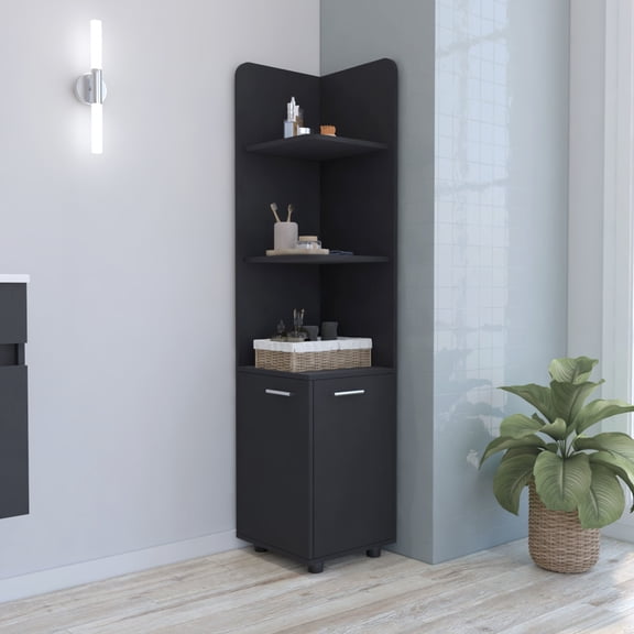61.91 In Tall Double Door Corner Linen Cabinet - Black, Particle Board, Keeps Bathroom Essentials Organized And Protected 62" With Four Shelves Fits Any