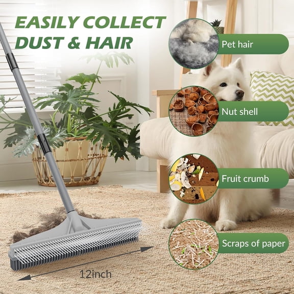 61" Adjustable 2-in-1 Rubber Broom & Nylon Carpet Rake Washable Durable for Pet Hair Rug Stairs Mats Cleaning