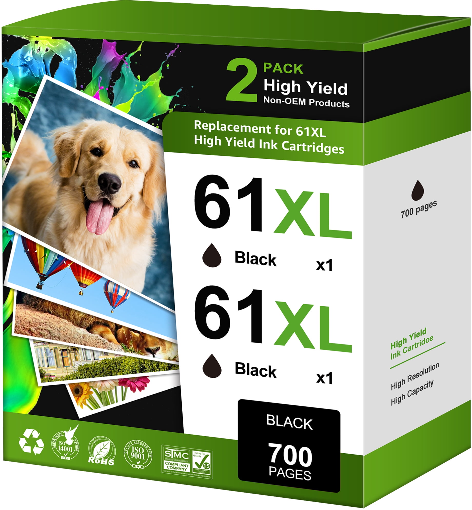 61 Black Ink Cartridge Compatible for HP 61 Black Ink HP Ink 61 for HP Envy 4500 5530 Officejet 4630 Deskjet 2541(Black, 2-Pack)