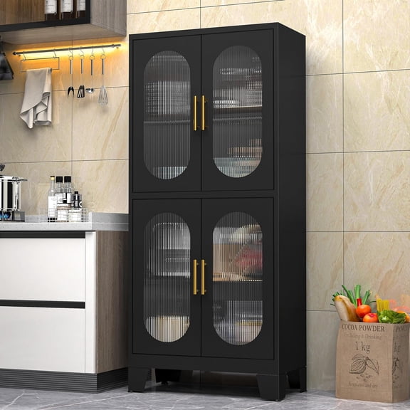 61" Black Pantry Storage Cabinet, Kitchen Pantry Cabinet with Acrylic Glass Doors and Shelves, Kitchen Pantry with Adjustable Leveling Foot for Kitchen, Living Room and Dining Room. 61"
