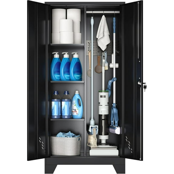 61" Broom Closet Storage Cabinet, Metal Storage Cabinet with Doors, Utility Cabinets for Brooms and Mops, Cleaning Tool Cabinets for Garage, Laundry Room, Bathroom