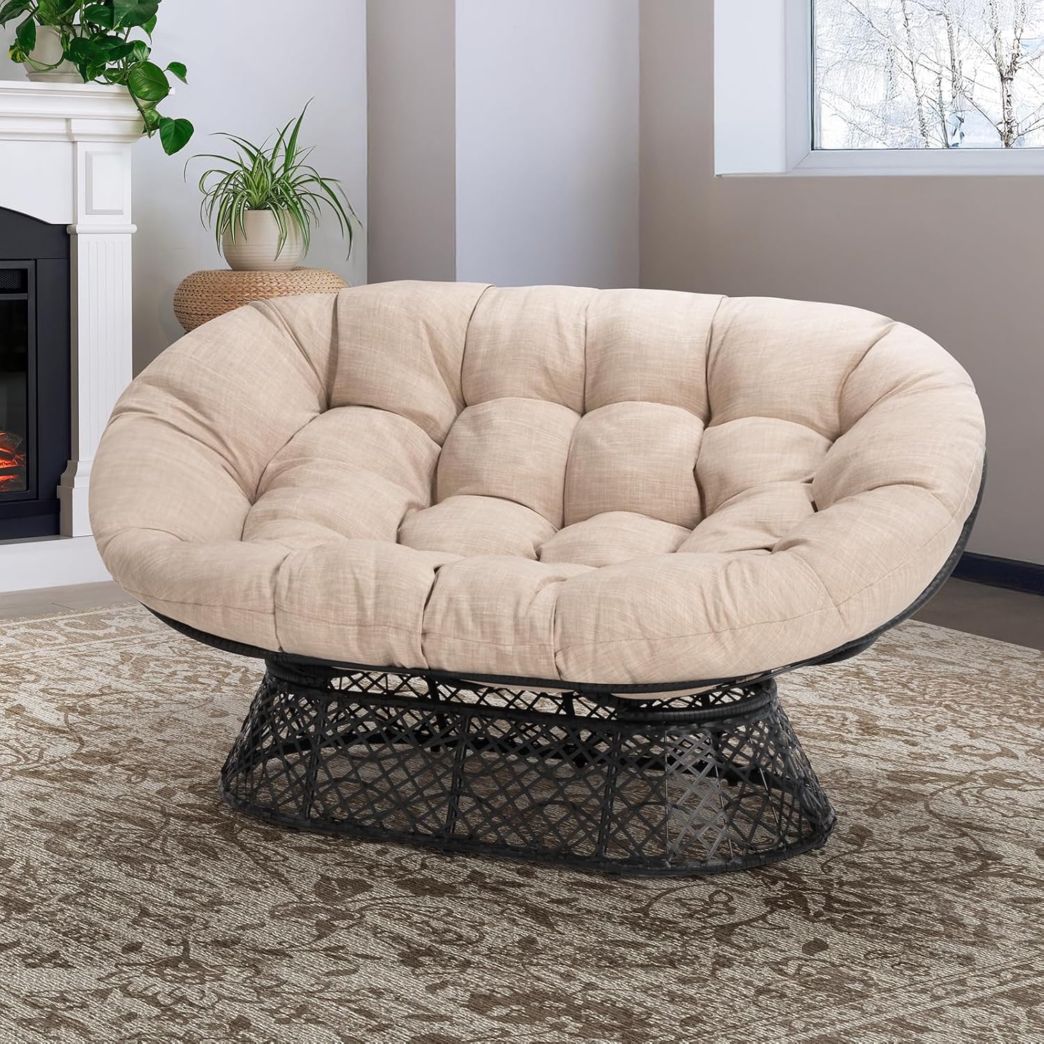 61" Capacity 600lbs Double Papasan Ergonomic Wicker Papasan Chair with Soft Thick Density Fabric ...