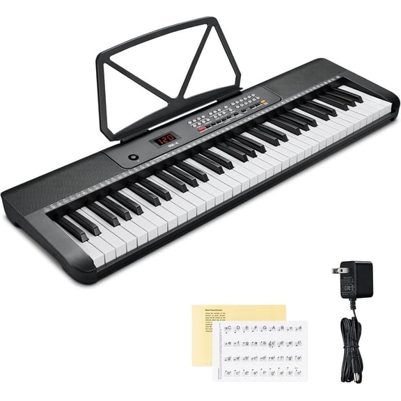 61  Compact Keyboard Piano, Multi-Function  Piano with 255 Sounds, 255 Rhythms, 24 Demos, Includes Sheet Music Stand, Note Stickers & Power ,  for Beginners, Black