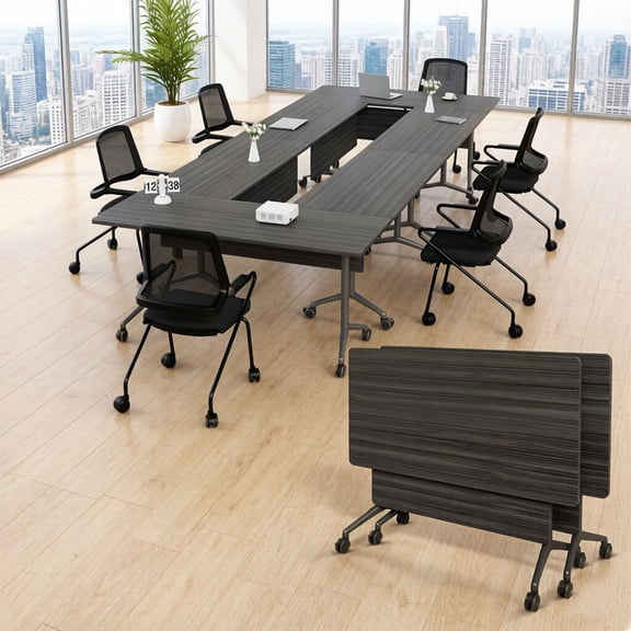 61" Conference Table with Wheels, 2PCS Conference Room Table, Black Flip Top Training Meeting Tables for Office Conference