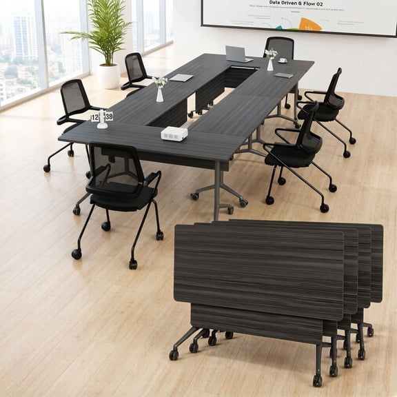 61" Conference Table with Wheels, 4PCS Conference Room Table, Black Flip Top Training Meeting Tables for Office Conference