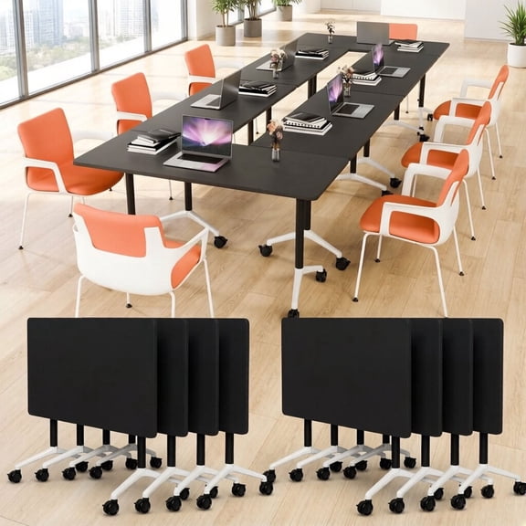 61" Conference Table with Wheels, 8PCS Modern Conference Room Table, Black Flip Top Training Meeting Tables for Office Conference