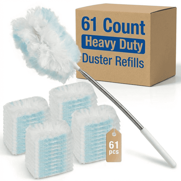 61 Count Disposable Duster Refills with 44 Inch Extendable Handle Kit, Heavy Duty Microfiber Cleaning Pads for Ceiling Fan, Furniture, Window, Pet Hair
