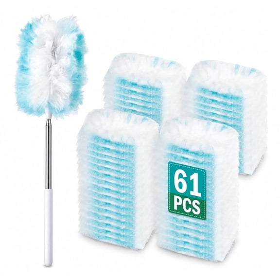 61 Count Disposable Duster Refills Kit, 44 Inch Extendable Handle Heavy Duty Layered Microfiber Pads for Ceiling Fan, Blinds, Furniture & Pet Hair