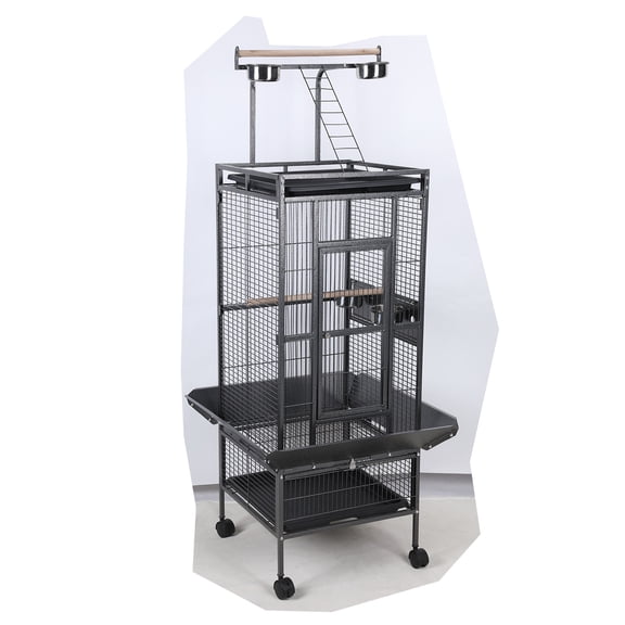 61" Extra Large Bird Cage, Corner Wide Parrot Cage, Large Wrought Iron Rolling Bird Cage with 360 Degree Wheels for African Grey Parrots, Macaw Rooftop Play & Lock Protection