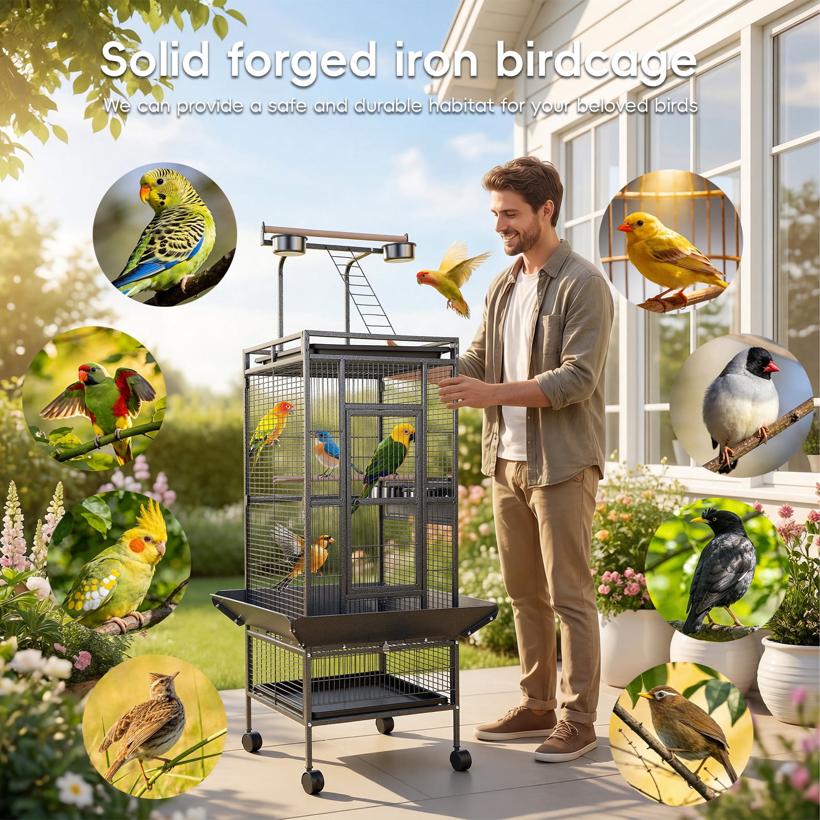 61" Extra Large Bird Cage, Corner Wide Parrot Cage, Large Wrought Iron ...
