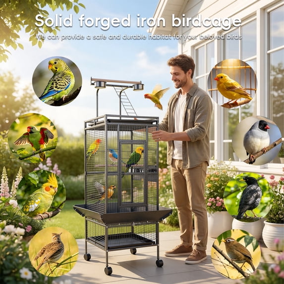 61" Extra Large Bird Cage, Corner Wide Parrot Cage, Large Wrought Iron ...