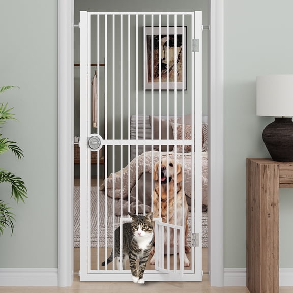 61" Extra Tall Cat Gate for Doorway, 30.2"-32.6" Adjustable Width Pet Gate with Cat Door, Walk-Through Design, Pressure Mount No Drill Installation, White