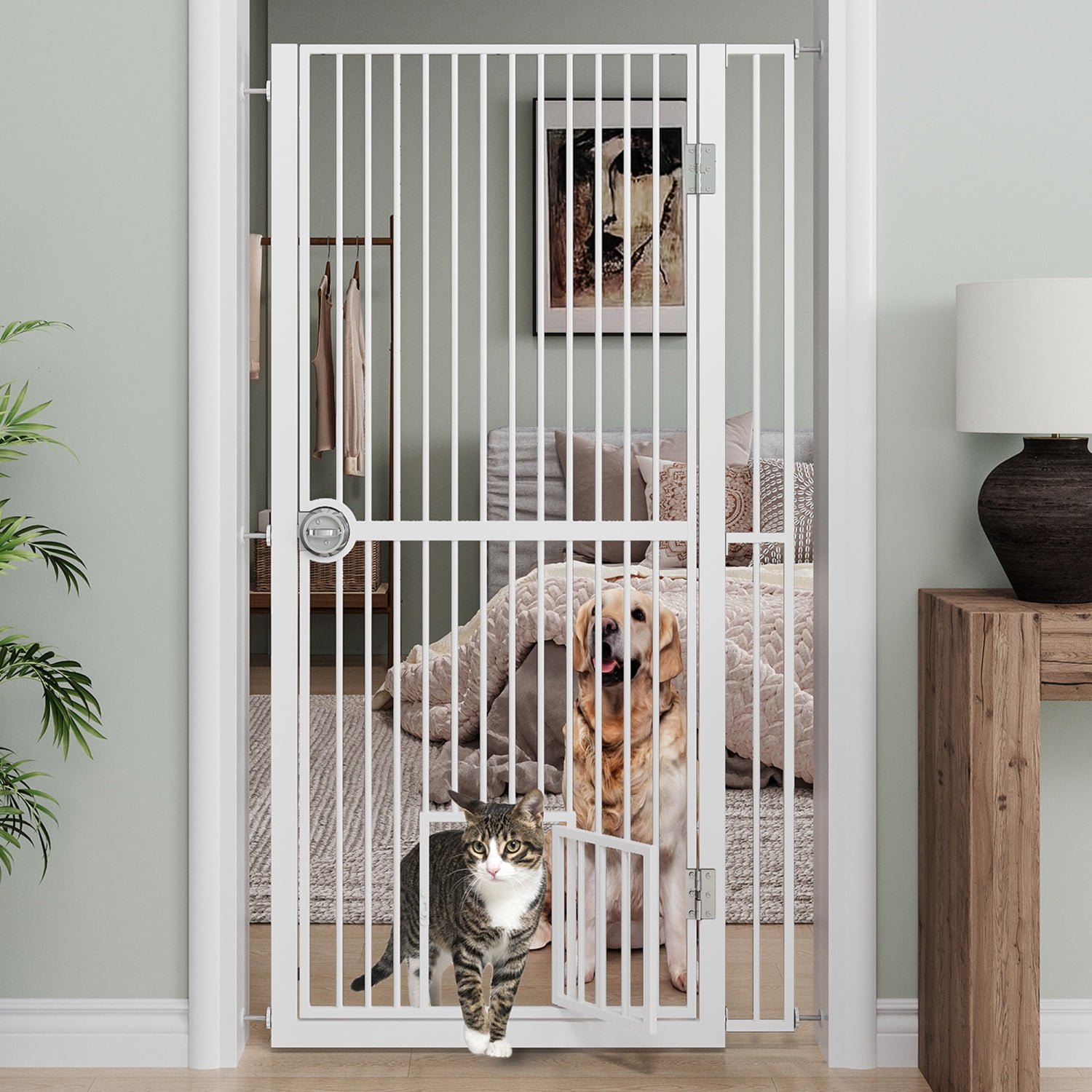 61" Extra Tall Cat Gate for Doorway, Adjustable Wide 34.3"-36.7" and Included 4.13" Extension Kits, Suitable for Doorways or Kitchen, No Drilling Pressure Mount Kit, White