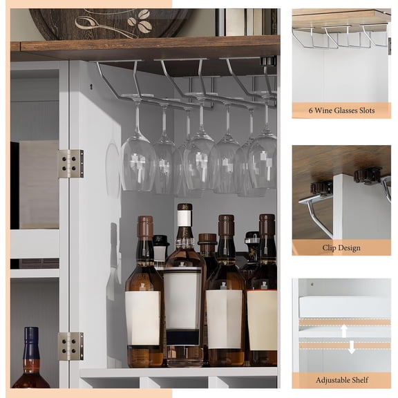 61" Farmhouse Bar Cabinet with 9 Wine Racks, Folding Storage Wine Liquor Cabinet, Expandable Coffee Bar Station with Drawer, Mini Bar, Home Bar for Kitchen Dining Room, Rustic White$$Furniture