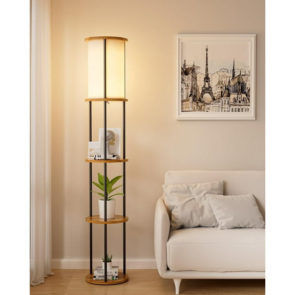 61" Floor Lamp with Shelves, Modern Black Standing Lamp with Fabric Shade and 3- Tier Solid Wood Table Attached, Corner Bookshelf Lamps with Bulb Included for Sofa Beside/Corner Decor
