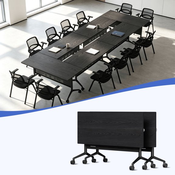 61" Folding Conference Table with Lockable Wheels, Mobile Flip Top Training Table, Rectangular Rolling Modular Meeting Table for Office Classroom, Black 2pack