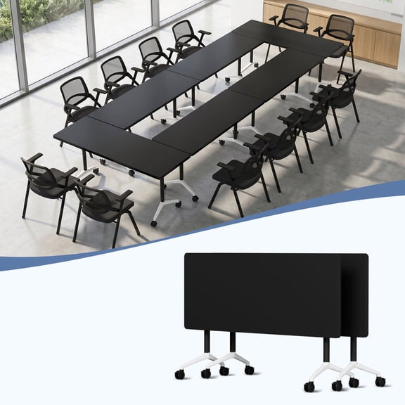 61" Folding Conference Table with Lockable Wheels, Mobile Flip Top Training Table, Rectangular Rolling Modular Meeting Table for Office Classroom, Black 2pack