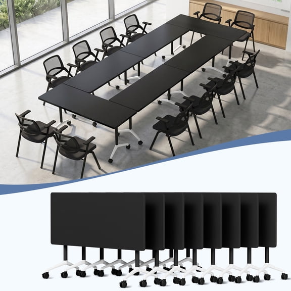 61" Folding Conference Table with Lockable Wheels, Mobile Flip Top Training Table, Rectangular Rolling Modular Meeting Table for Office Classroom, Black 8pack