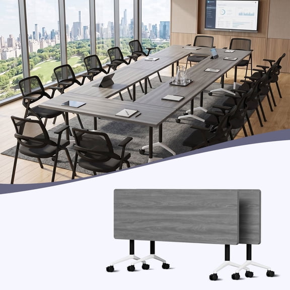 61" Folding Conference Table with Lockable Wheels, Mobile Flip Top Training Table, Rectangular Rolling Modular Meeting Table for Office Classroom, Gray 2pack