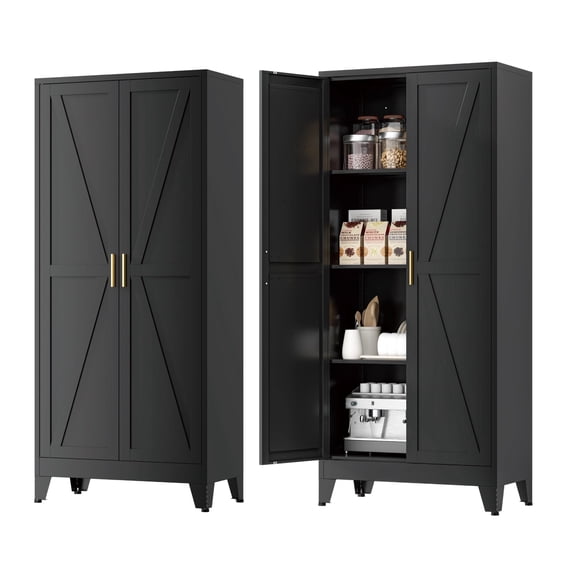 Elegant Farmhouse Metal Kitchen Pantry Cabinet, 61"H, Black, 3 Adjustable Shelves