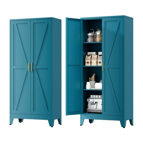 Elegant 61''H Blue Farmhouse Metal Pantry Cabinet with 3 Adjustable Shelves,Metal Storage Cabinet,Kitchen Storage Cabinet for Kitchen,Dining,Office