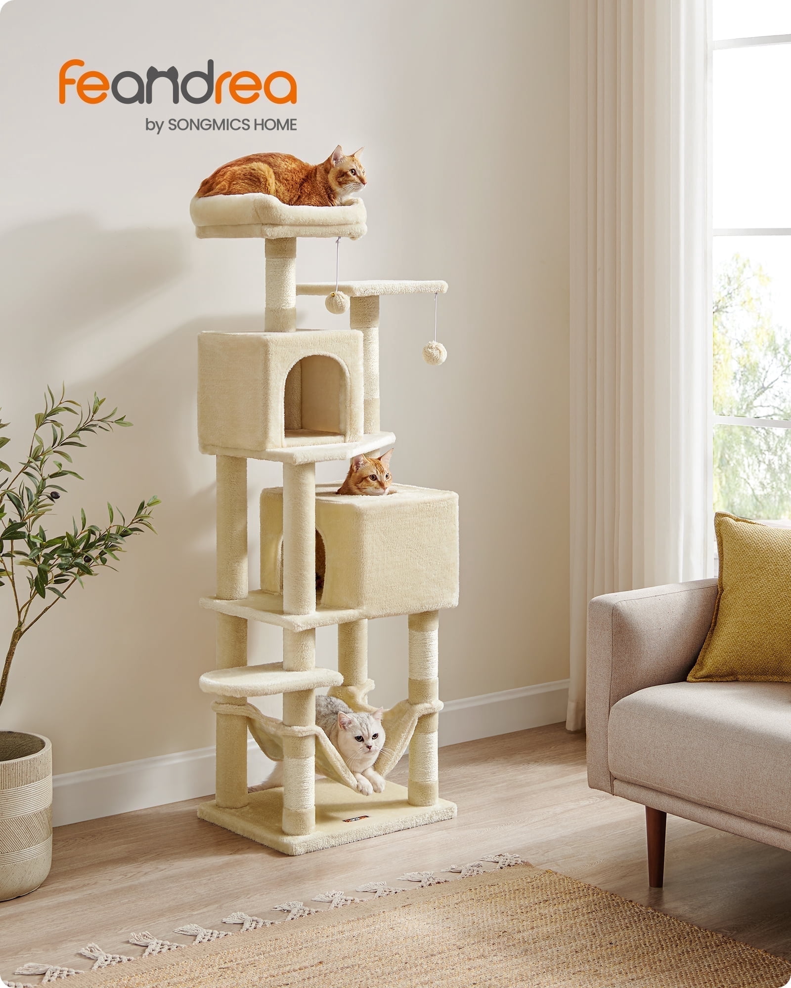 61"H Cat Tree Cat Tower for Indoor Cats, Plush Multi-Level Cat Condo with Scratching Posts, Perches, Caves, Hammock, Beige