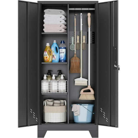 61" H Garage Cabinets, Metal Storage Cabinet with Lockable Doors and Pegboard, Utility Closet for Brooms and Mops, Tool Cabinets for Home Office Laundry Room Living Room