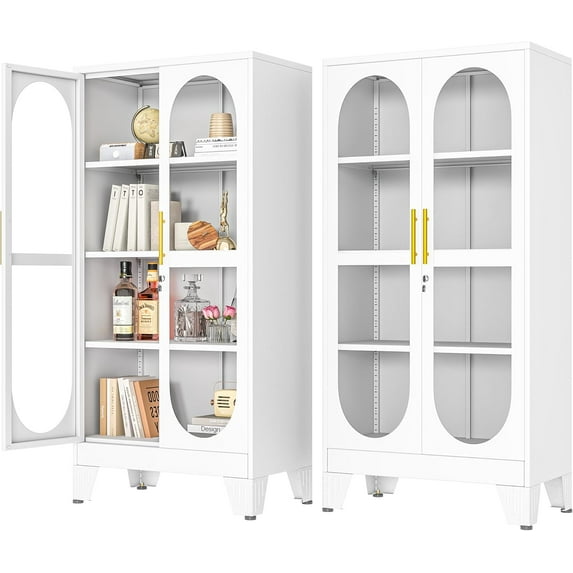 61" H Locking Display Cabinet with Glass Door, Metal Cabinets with 3 Adjustable Shelves, Cabinet Display Case for Living Room, Collectibles, Clinic, Home - Assembly Required White