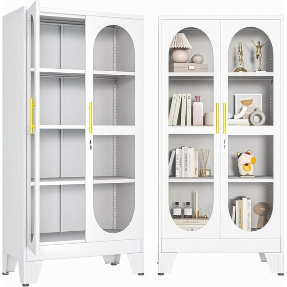 61" H Locking Display Cabinet with Glass Door, Tall Storage Cabinet with 3 Adjustable Shelves, Metal Curio Cabinet Multi-Purpose Display Case for Collectibles Bedroom Living Room Office