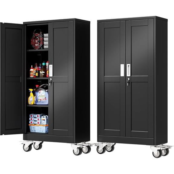 61''H Metal Garage Storage Cabinet with Wheels,Steel File Cabinets with 2 Doors and 3 Adjustable Shelves for Home Office, Warehouse, Required Assembly,Black