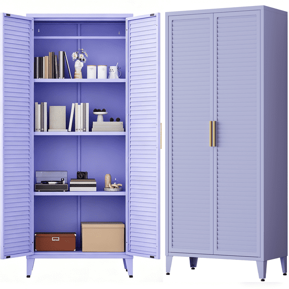 61 "H Purple Lockable Steel Storage Cabinet,Double Louver Shutter Ventilated Door Metal Wardrobe Cabinet 3 Tier Adjustable Shelves Freestanding Storage Locker for Bedroom,Home Office
