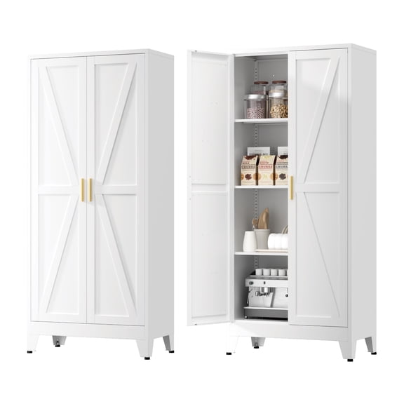 Elegant 61''H White Farmhouse Metal Pantry Cabinet with 3 Adjustable Shelves,Metal Storage Cabinet,Kitchen Storage Cabinet for Kitchen,Dining,Office