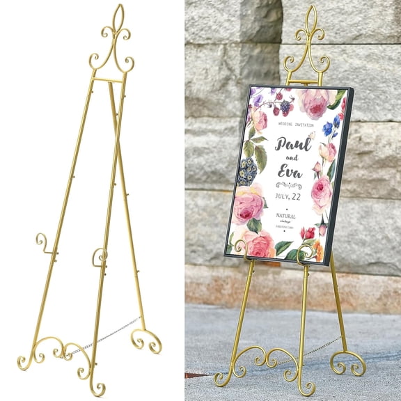61H x 20L x 24W Metal Extra Large Free Standing Display Stand Easel, Gold Scroll Floor Easel Stand for Sign Wedding Mirror Picture Frame, with Adjustable Chain